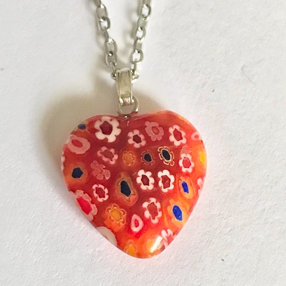 Orange Murano Glass Heart Necklace Millefiori Flowers Vintage Stainless Steel 18 - Picture 3 of 12